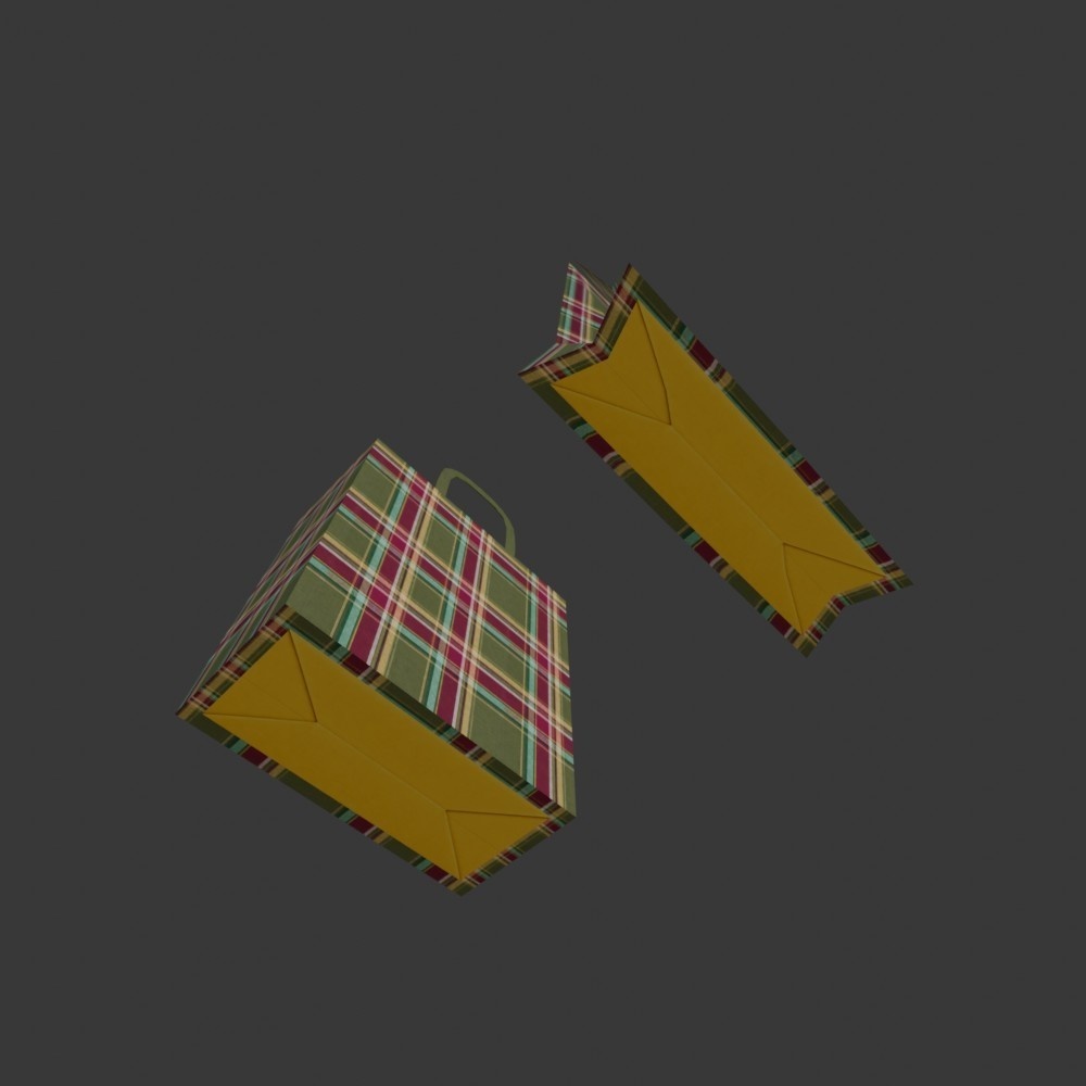 【3D小道具】チェック柄の紙袋(折りたたみ式)(ローポリ)