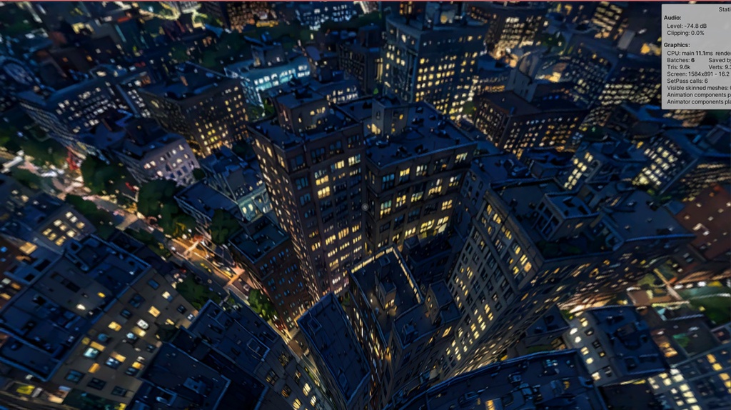 【3Dワールド・環境】高層マンションからの景色_昼夕夜切り替えスイッチ付き_スカイドーム(ローポリ)