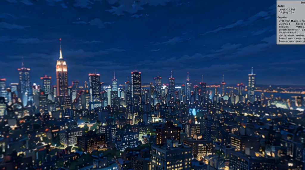【3Dワールド・環境】高層マンションからの景色_昼夕夜切り替えスイッチ付き_スカイドーム(ローポリ)