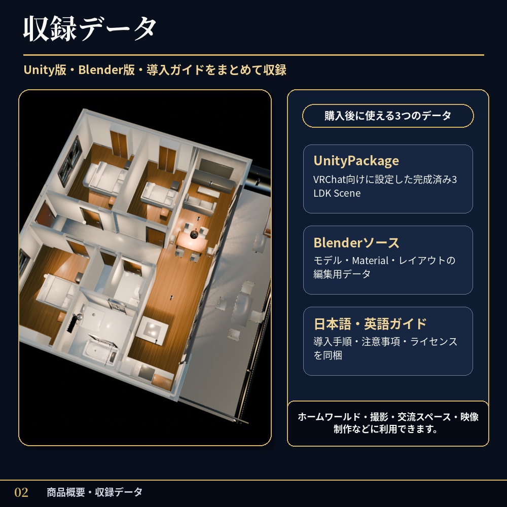 【3Dモデル/VRChat対応】家具付き3LDKマンション|UnityPackage・Blender編集データ付