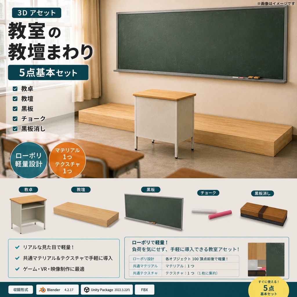 【3Dアセット】教室の教壇まわり 5点基本セット　ローポリ