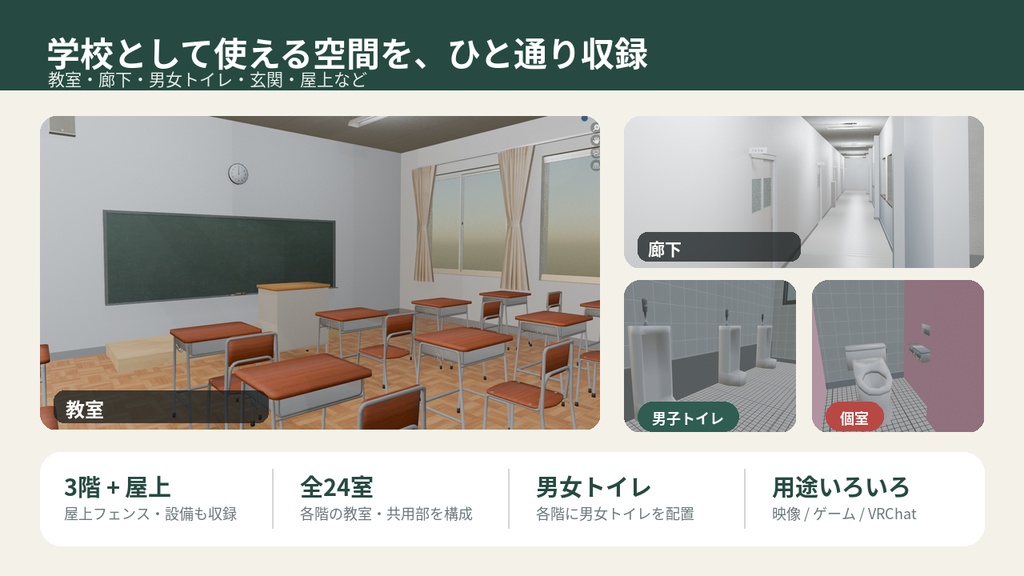 【VRChat・Unity対応 3Dアセット】日本の学校・校舎セット|3階+屋上・全24室【Blender/FBX】