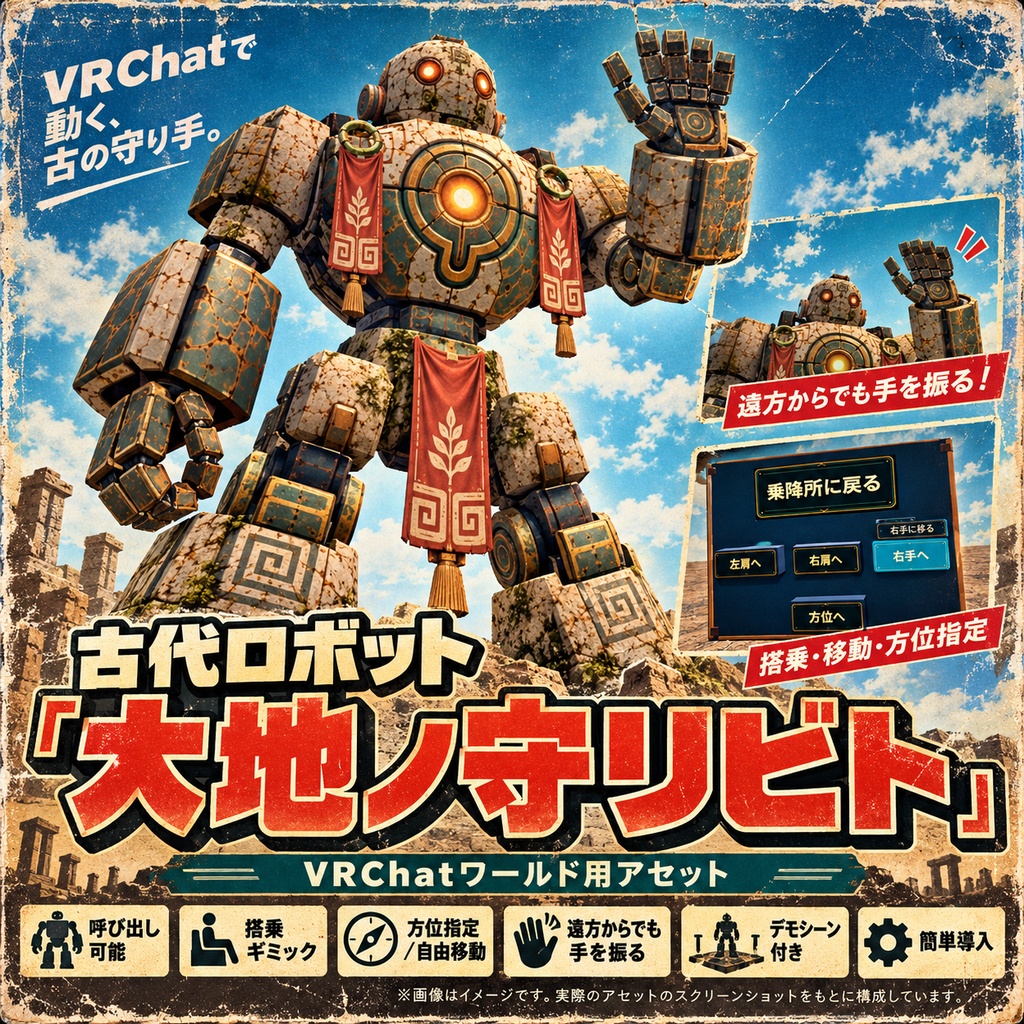 【VRChatワールド向け】古代ロボット「大地ノ守リビト」LAND GUARDIAN｜全高約18mの巨大ロボットNPC