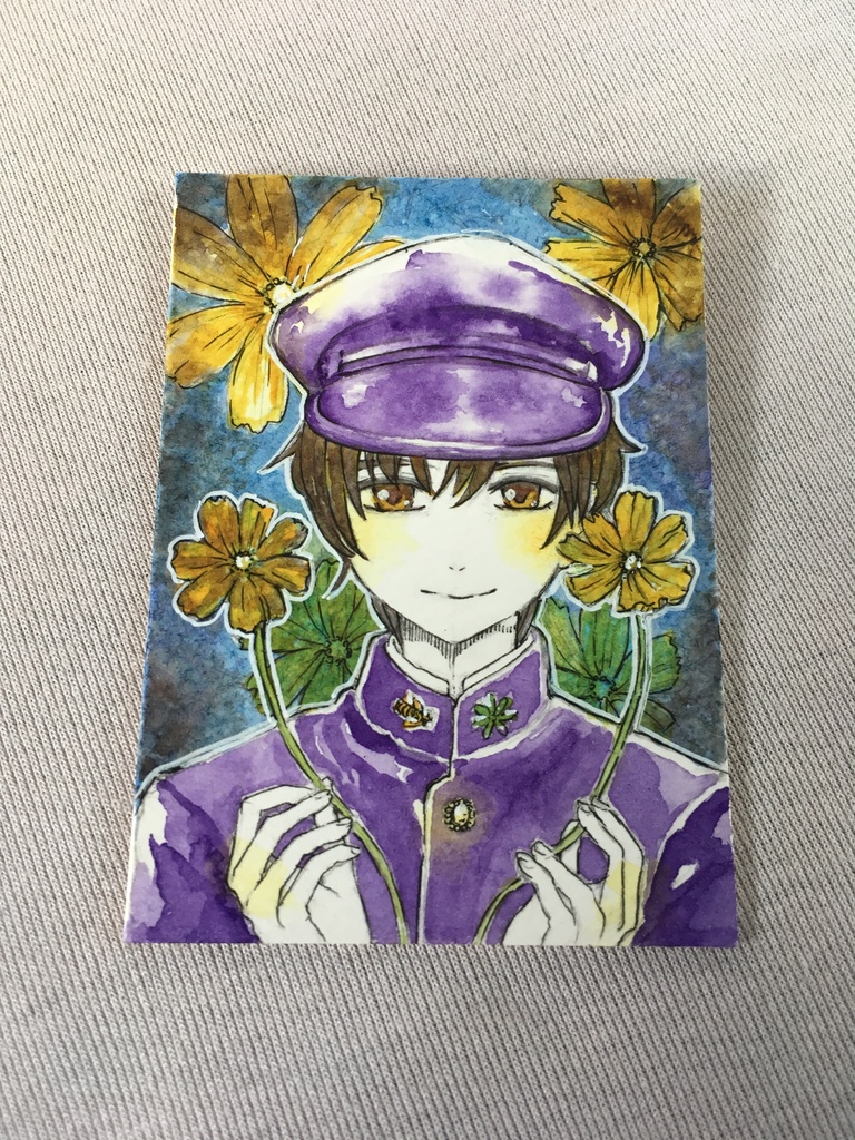 【ATC】 秋桜と学帽 【水彩イラスト】