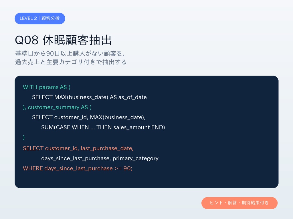 【無料サンプル】合成POSデータ+実務SQLケース教材