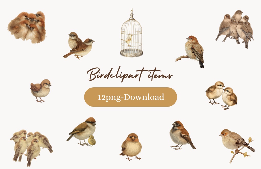 ふんわり小鳥の水彩クリップアート12点セット(PNG)