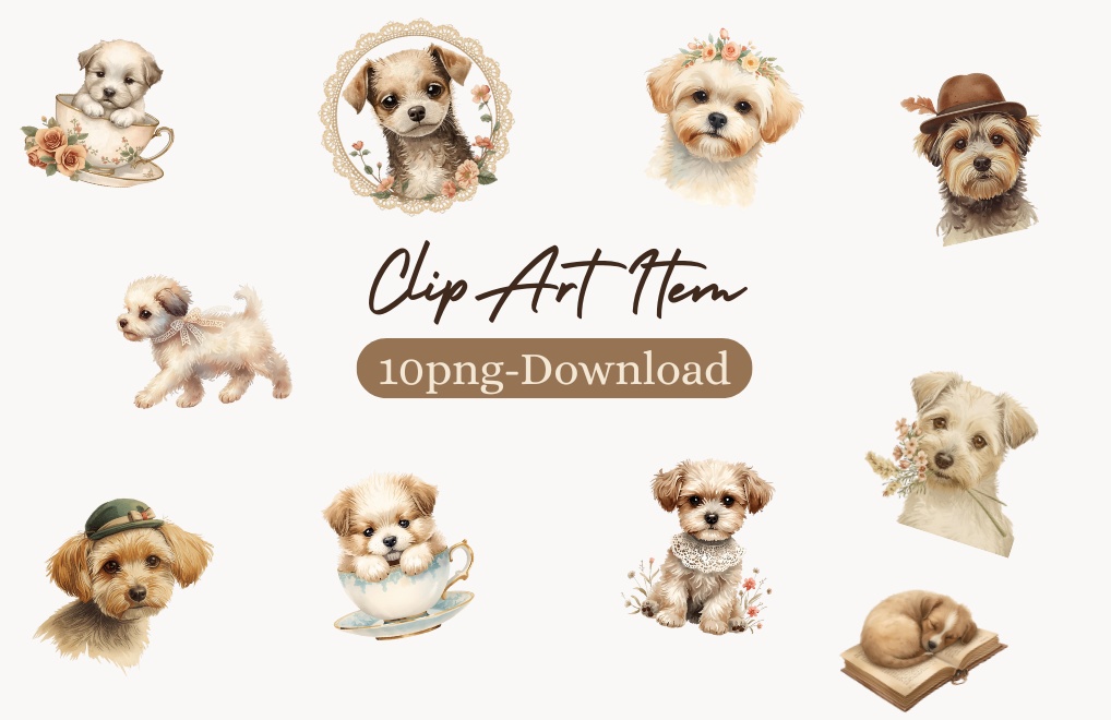 「アンティーク風子犬の水彩クリップアート」(png)
