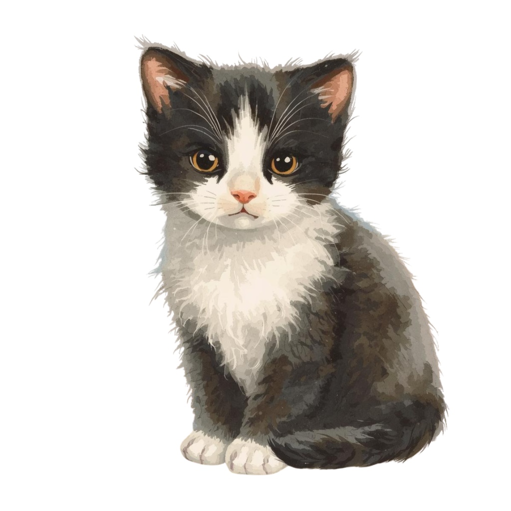 水彩画・アンティーク風・可愛い猫クリップアート(PNG形式)