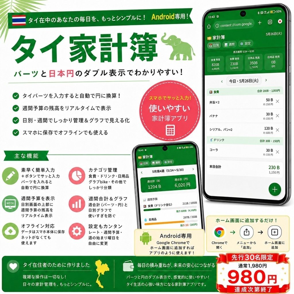 【製品版】タイ家計簿|iPhone/Android対応・広告なし|バーツと円が同時にわかる家計簿アプリ