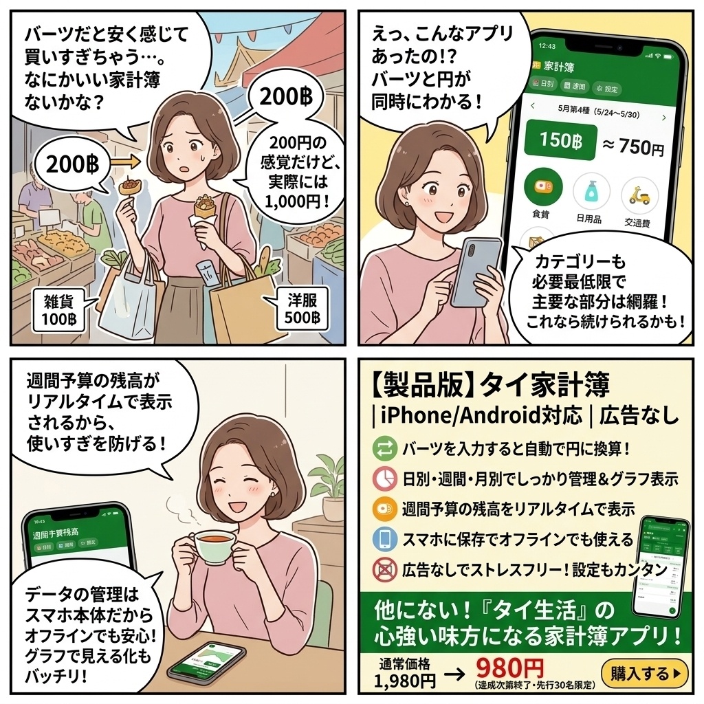 【無料体験版】タイ家計簿|バーツと円で見えるシンプル家計簿✅️タイ生活のお金管理、もっとシンプルにしませんか?