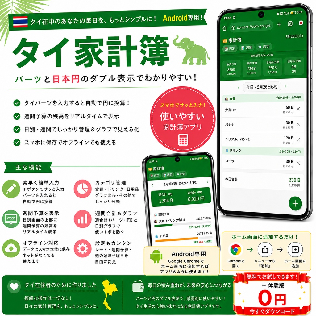 ✨タイ家計簿【無料体験版】✅️タイ生活のお金管理、もっとシンプルにしませんか？