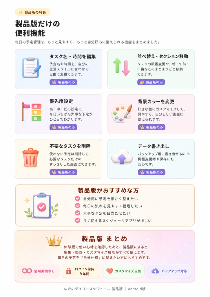 【製品版】ゆきの1日スケジュール|6つの製品版限定機能つき・使用期限なしの毎日ToDoアプリ【Android版】