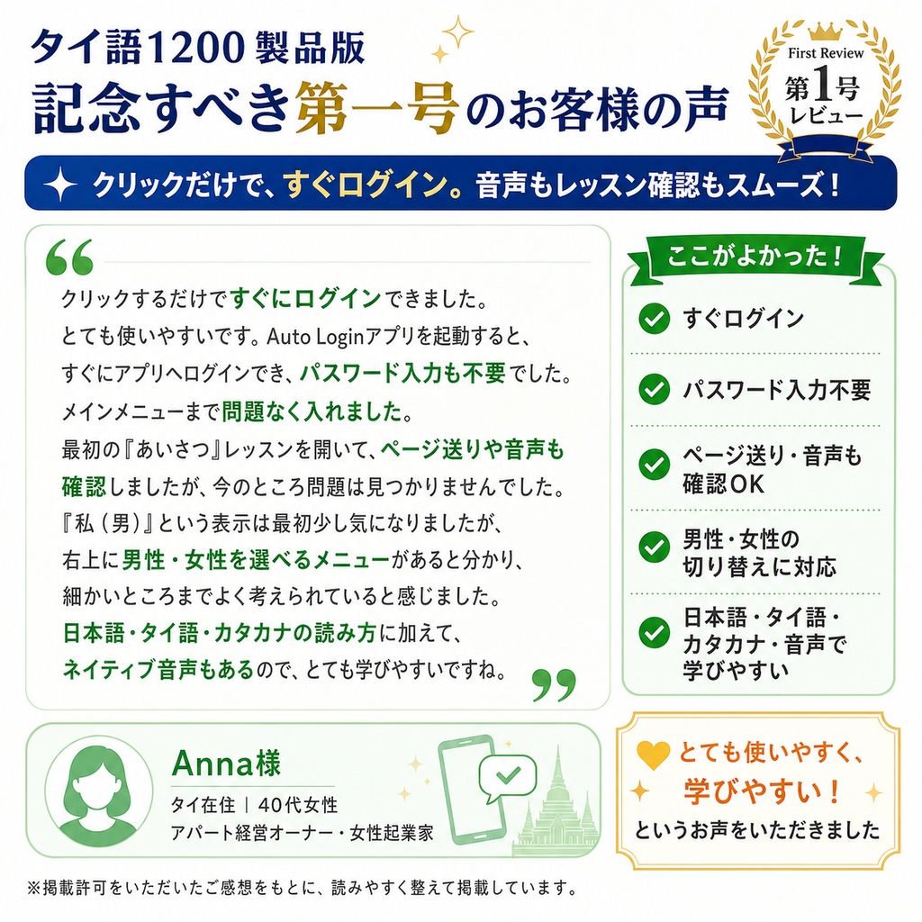 ✅️【単語帳アプリ】タイ語1200 製品版|全1200語・音声つき【男性/女性 話し手切り替え搭載】