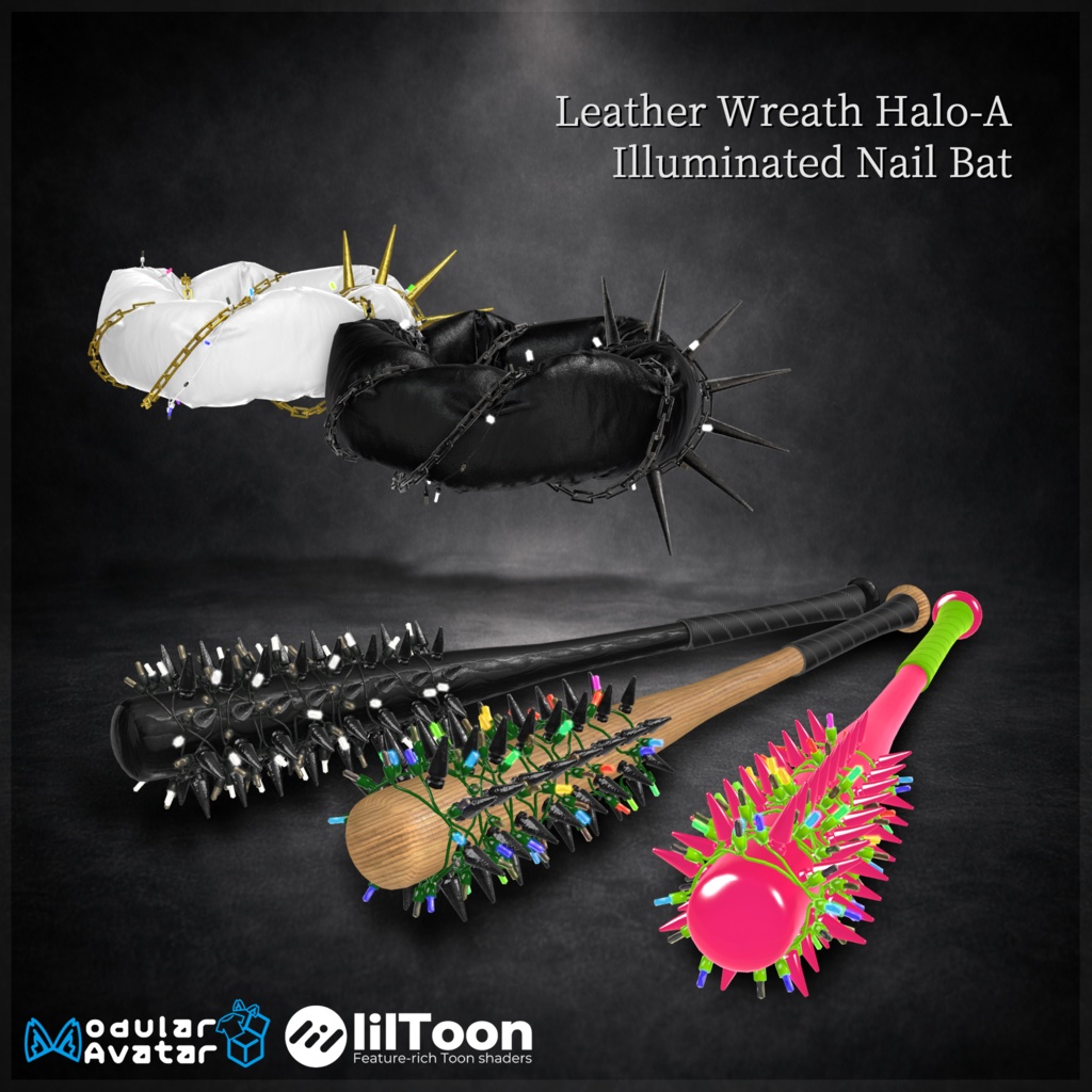 3Dモデル『Leather Wreath Halo-A』『Illuminated Nail Bat』VRChat想定
