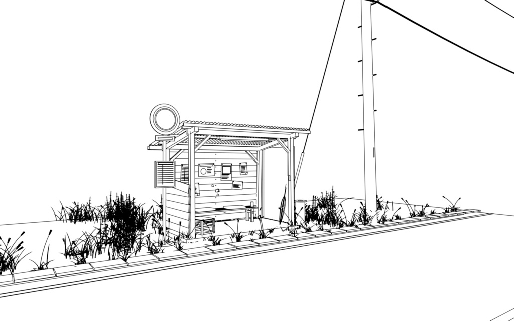 【3D背景】田舎のバス停(トタン屋根の待合小屋付き)