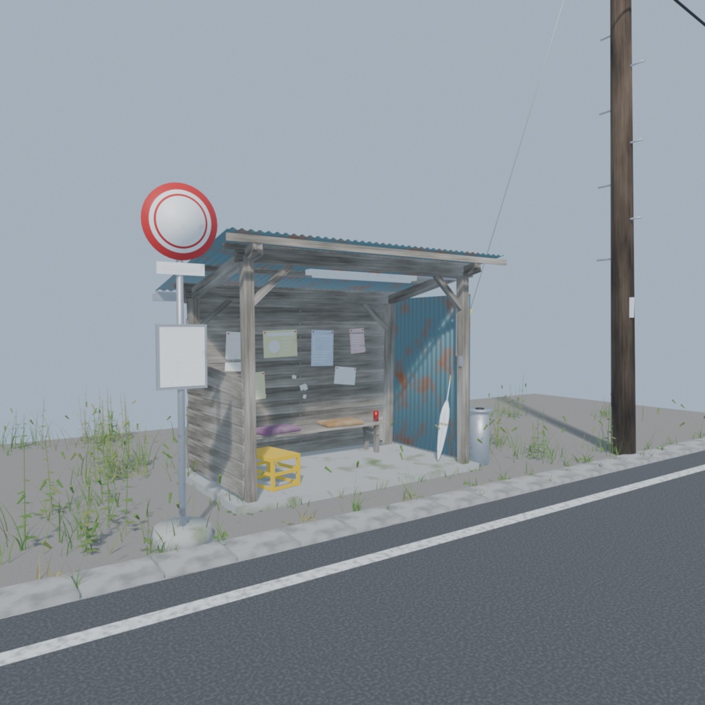 【3D背景】田舎のバス停(トタン屋根の待合小屋付き)