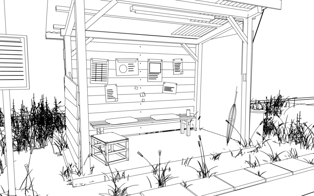 【3D背景】田舎のバス停(トタン屋根の待合小屋付き)