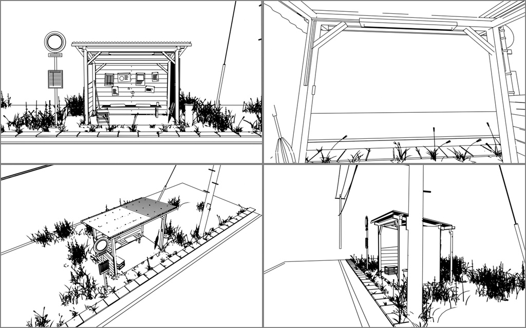 【3D背景】田舎のバス停(トタン屋根の待合小屋付き)
