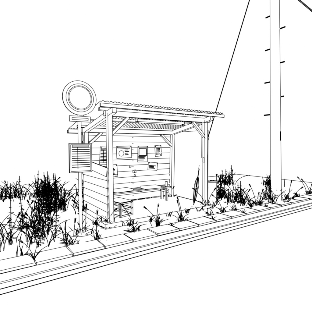 【3D背景】田舎のバス停（トタン屋根の待合小屋付き）