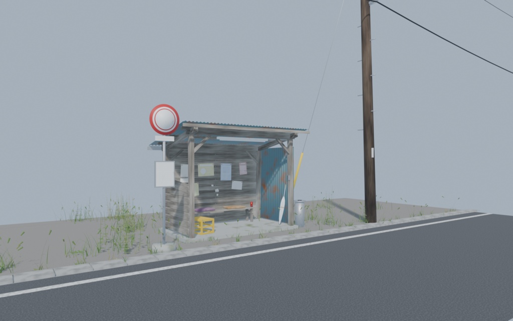 【3D背景】田舎のバス停(トタン屋根の待合小屋付き)