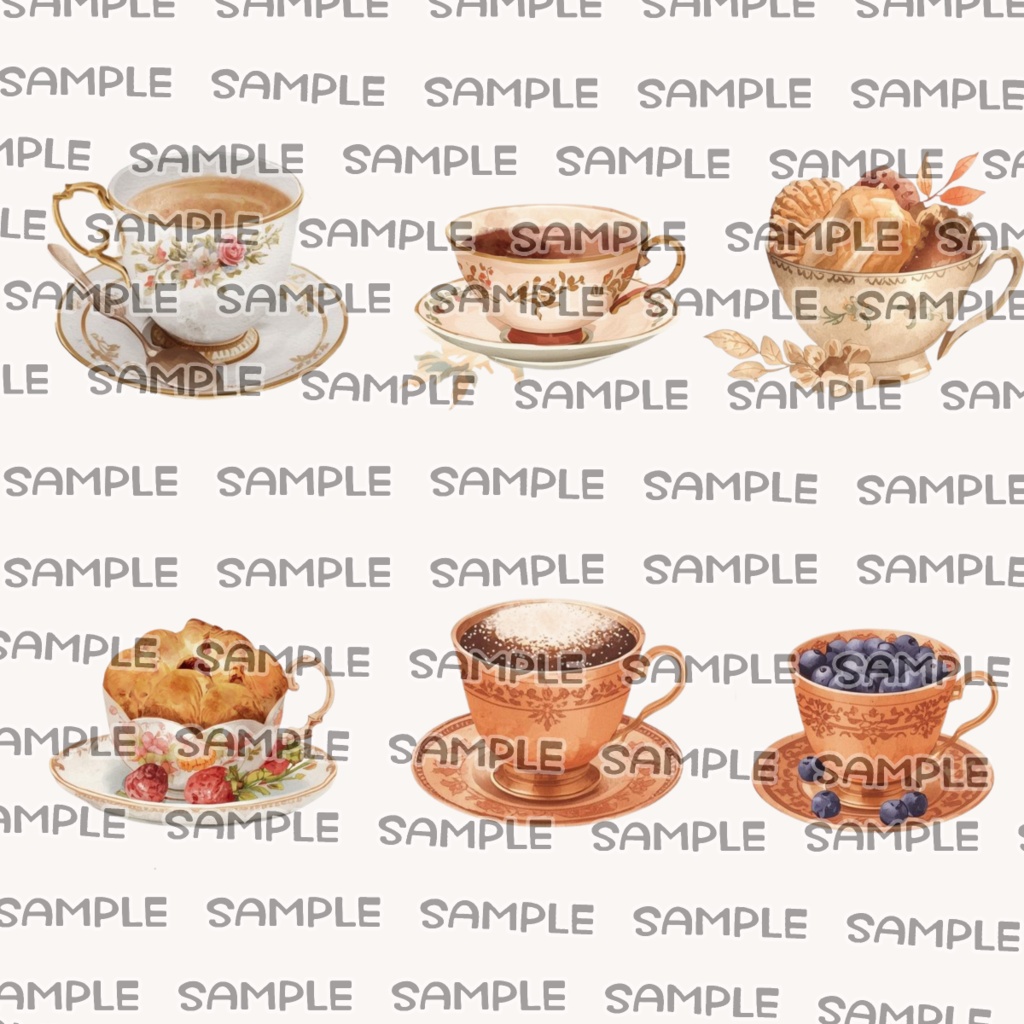 アンティーク秋カフェ素材集 水彩透過PNG 30点