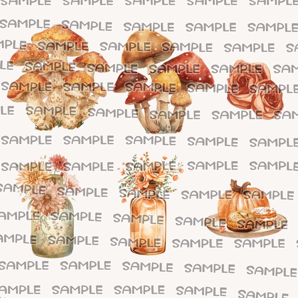 アンティーク秋カフェ素材集 水彩透過PNG 30点