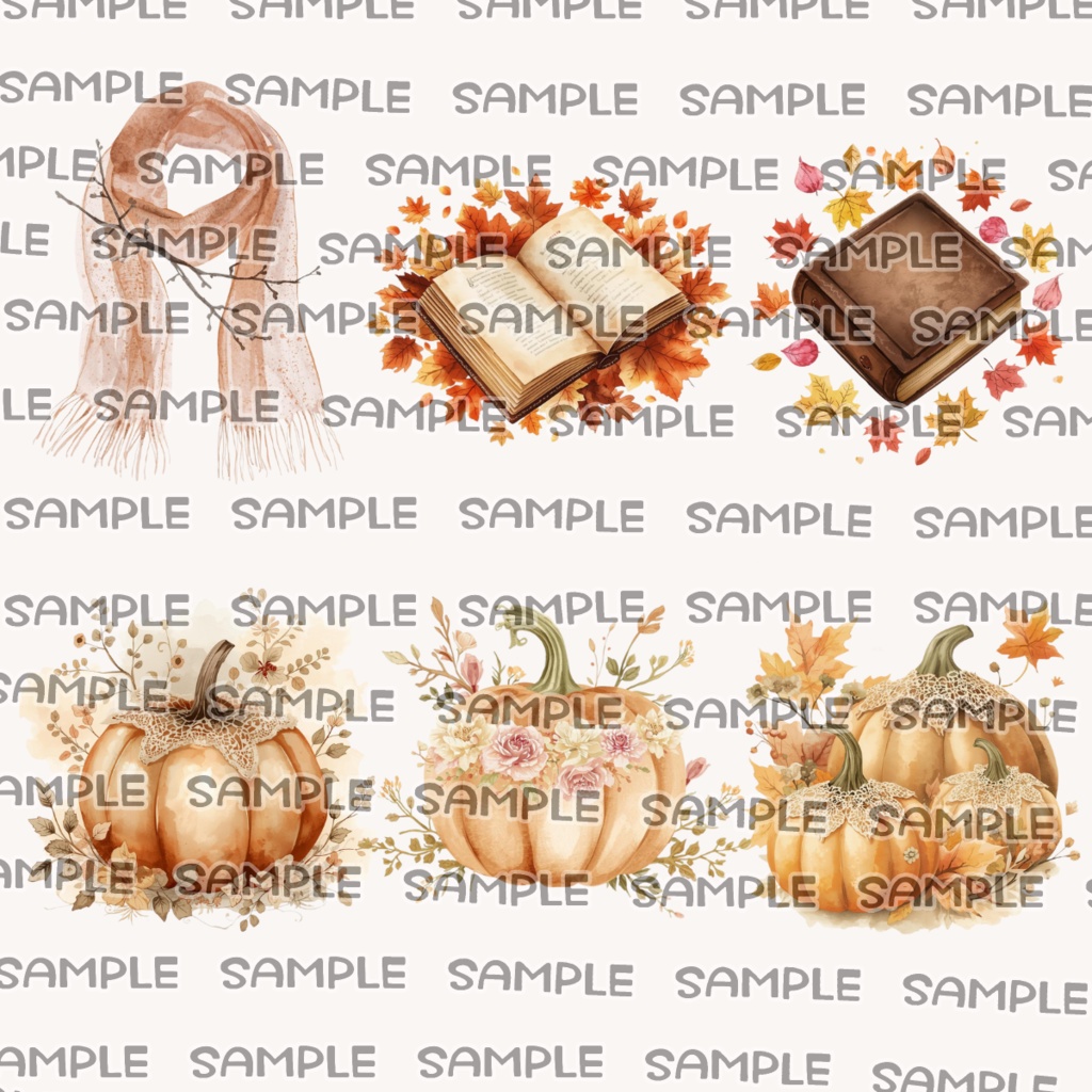 アンティーク秋カフェ素材集 水彩透過PNG 30点