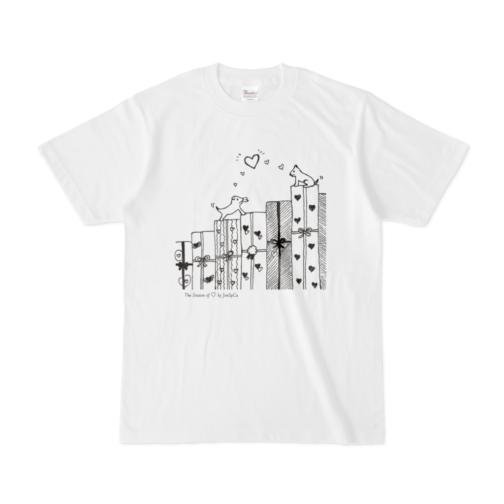 The season of ♡「Present to you」, monotone animal illustration Tshirt　ハートの季節「君にプレゼント」 モノトーン アニマル イラスト Tシャツ