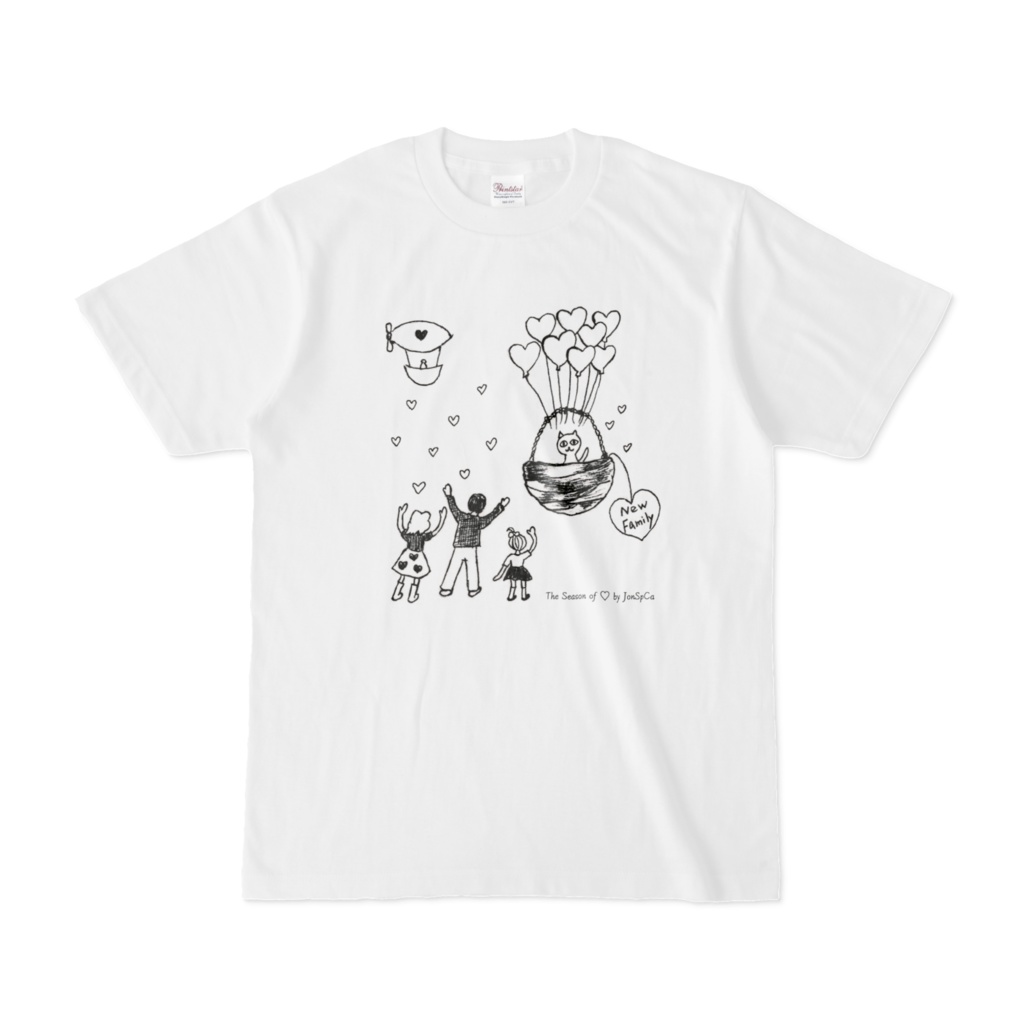 The season of ♡「New Family」, monotone animal illustration Tshirt　ハートの季節「New Family」 モノトーン アニマル イラスト Tシャツ