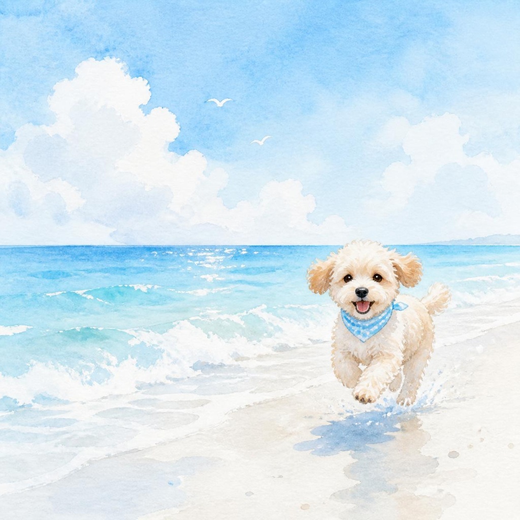 可愛いペットのデジタルペーパー（夏の海）