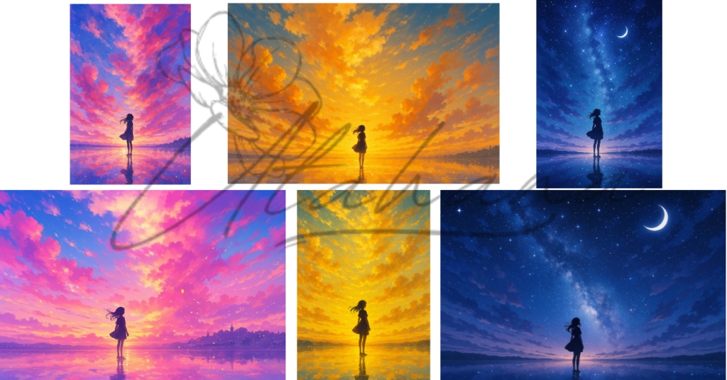 幻想空のコレクション|夕焼け・朝焼け・夜空イラスト6枚セット(縦横壁紙/ポストカード向け)