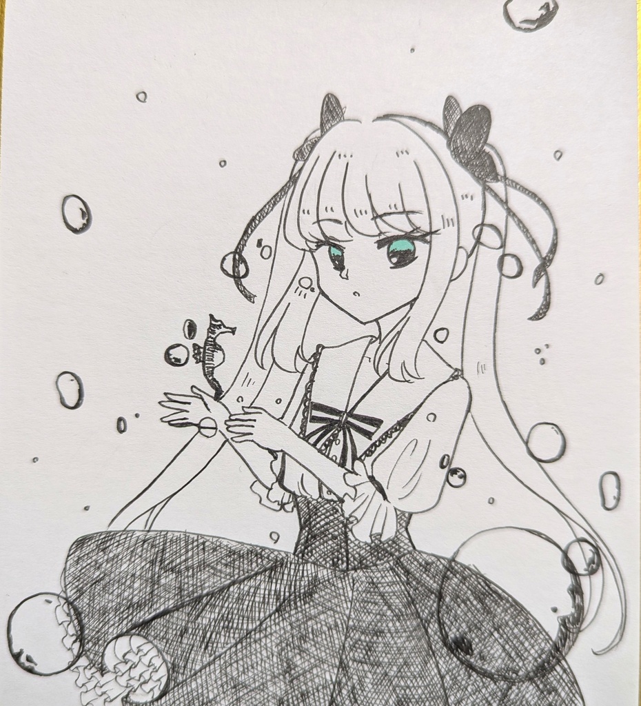 2/14キティのハピバ記念手書きイラストミニ色紙（モノクロ）