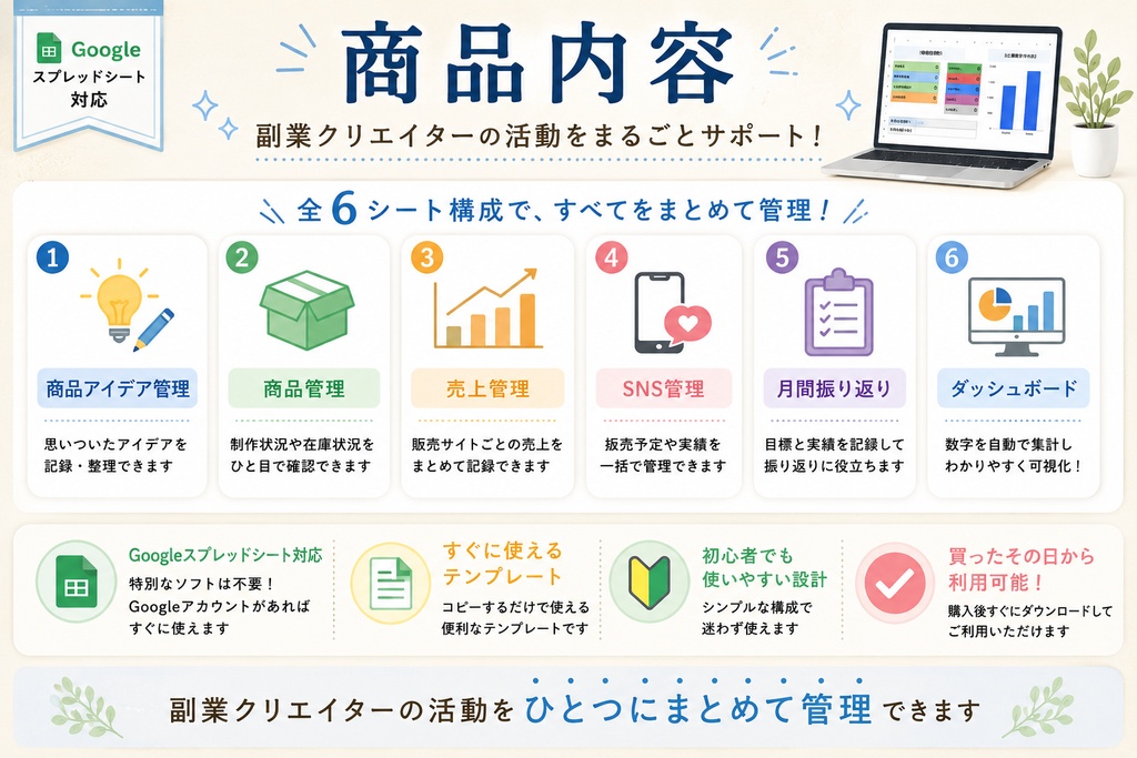 副業クリエイター販売管理OS|商品管理・売上管理・SNS管理ができるGoogleスプレッドシート