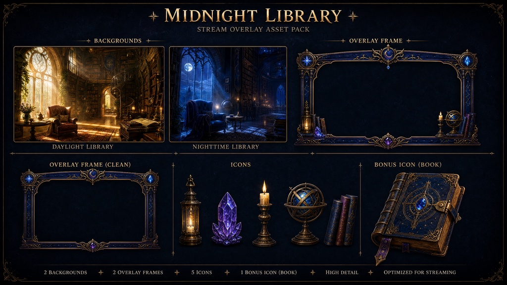 幻想的な夜の図書館 配信画面セット - MidNight Library - フルセット全13点