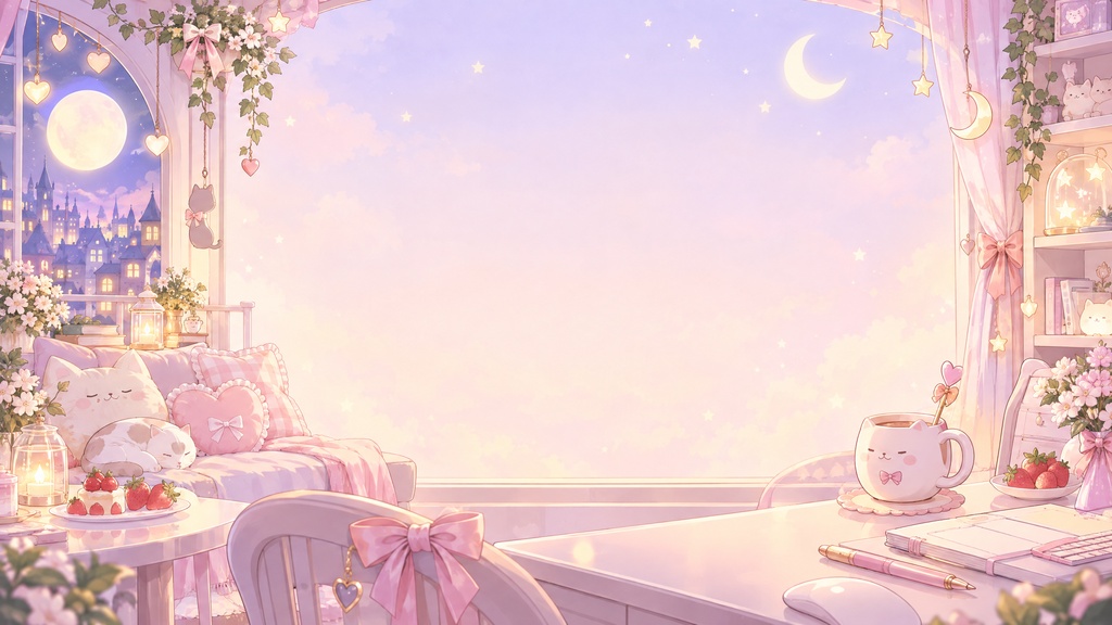 【配信背景】ゆめかわパステルルーム＆ムーンカフェ｜2枚セット｜QHD 2560×1440