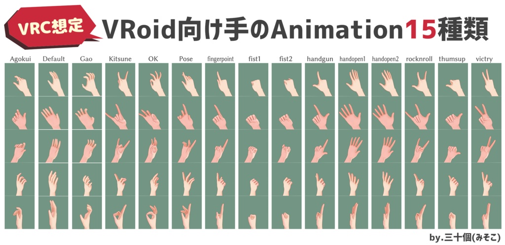 【VRC想定】VRoid向け手のAnimation 15種類+着席用Animation 2種類【CC0】