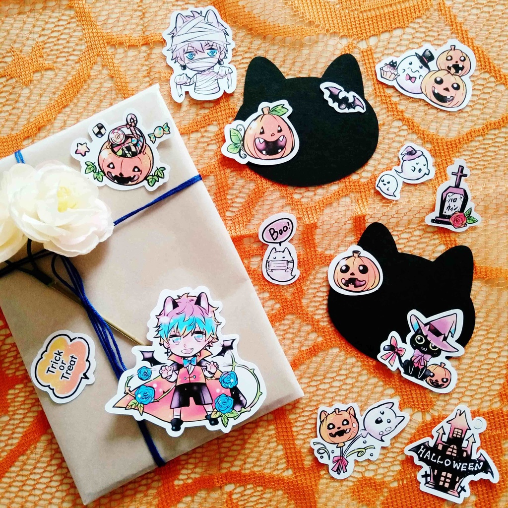 創作【少年ハロウィン】フレークシール ドラキュラ 男の子とかぼちゃたち 14種類 28枚入