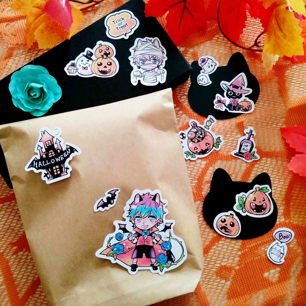 創作【少年ハロウィン】フレークシール ドラキュラ 男の子とかぼちゃたち 14種類 28枚入