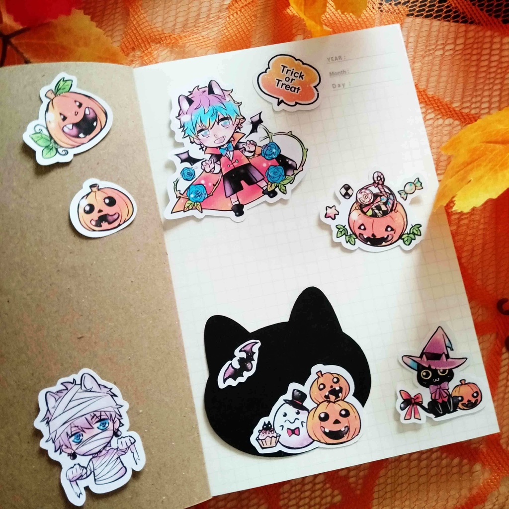 創作【少年ハロウィン】フレークシール ドラキュラ 男の子とかぼちゃたち 14種類 28枚入