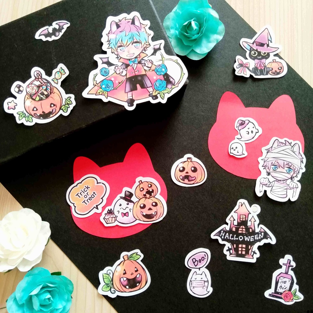 創作【少年ハロウィン】フレークシール ドラキュラ 男の子とかぼちゃたち 14種類 28枚入