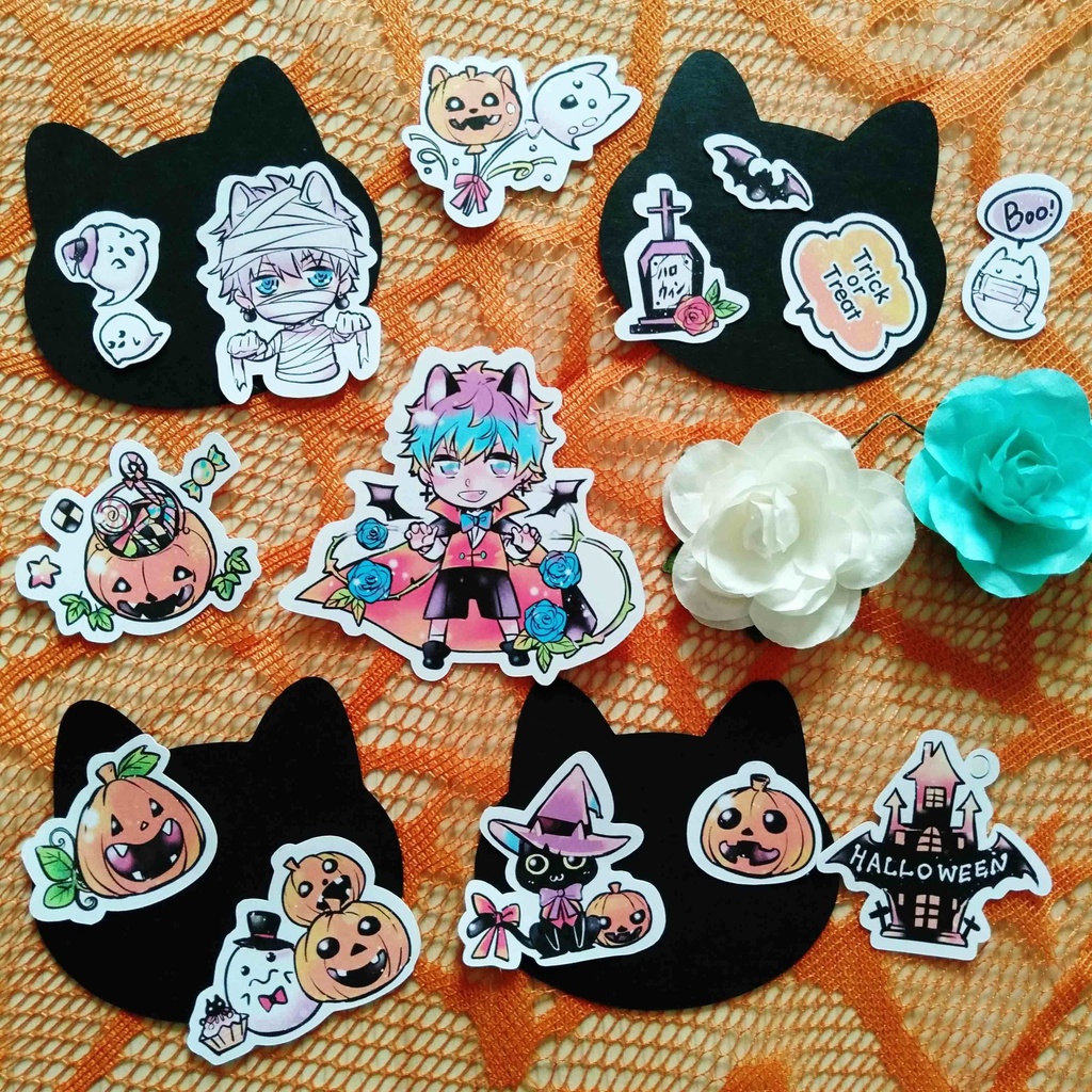 創作【少年ハロウィン】フレークシール ドラキュラ 男の子とかぼちゃたち 14種類 28枚入