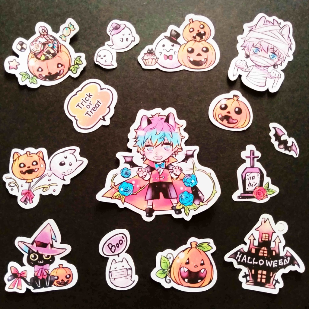 創作【少年ハロウィン】フレークシール ドラキュラ 男の子とかぼちゃたち 14種類 28枚入