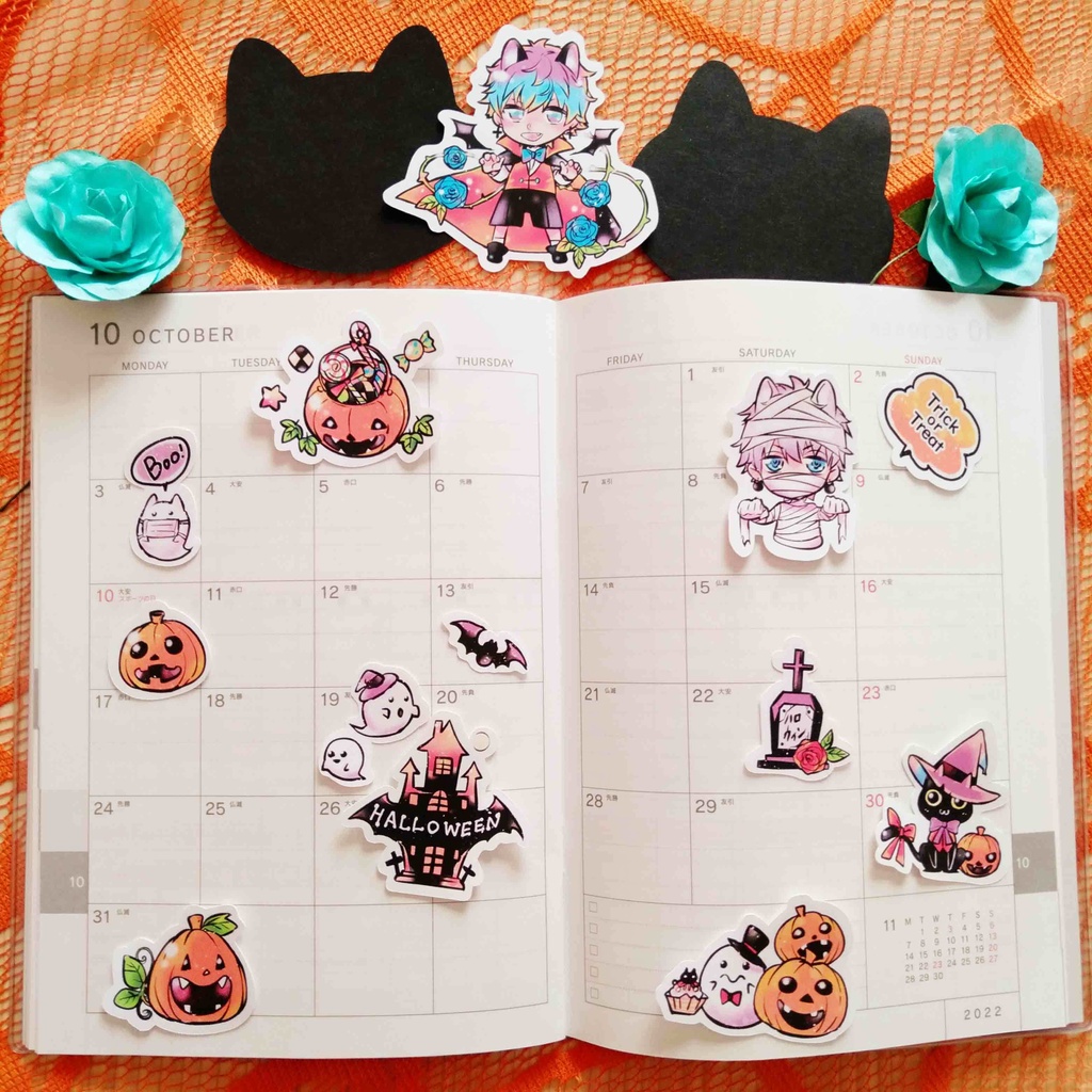 創作【少年ハロウィン】フレークシール ドラキュラ 男の子とかぼちゃたち 14種類 28枚入