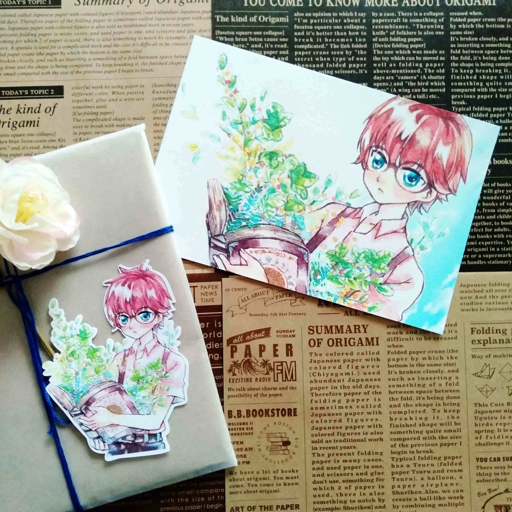 【創作少年】ポストカード ステッカー セット　植物図鑑と少年