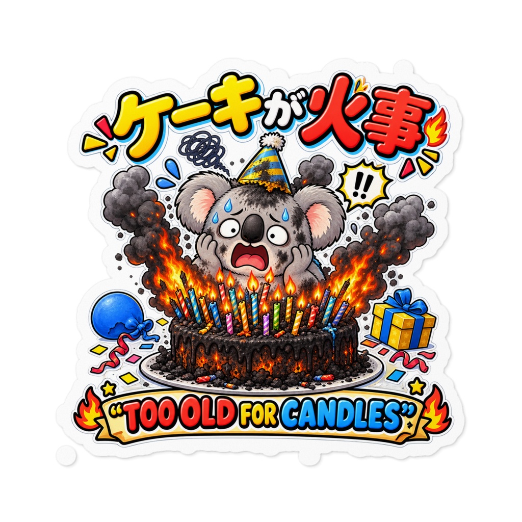 年齢の数だけローソクを立てたら、ケーキが火事で真っ黒になった（コアラ） / "TOO OLD FOR CANDLES" Koala Sticker