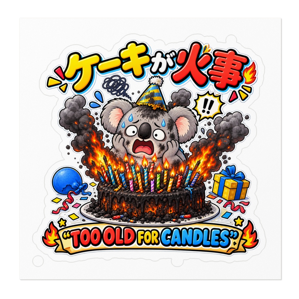年齢の数だけローソクを立てたら、ケーキが火事で真っ黒になった(コアラ) / "TOO OLD FOR CANDLES" Koala Sticker