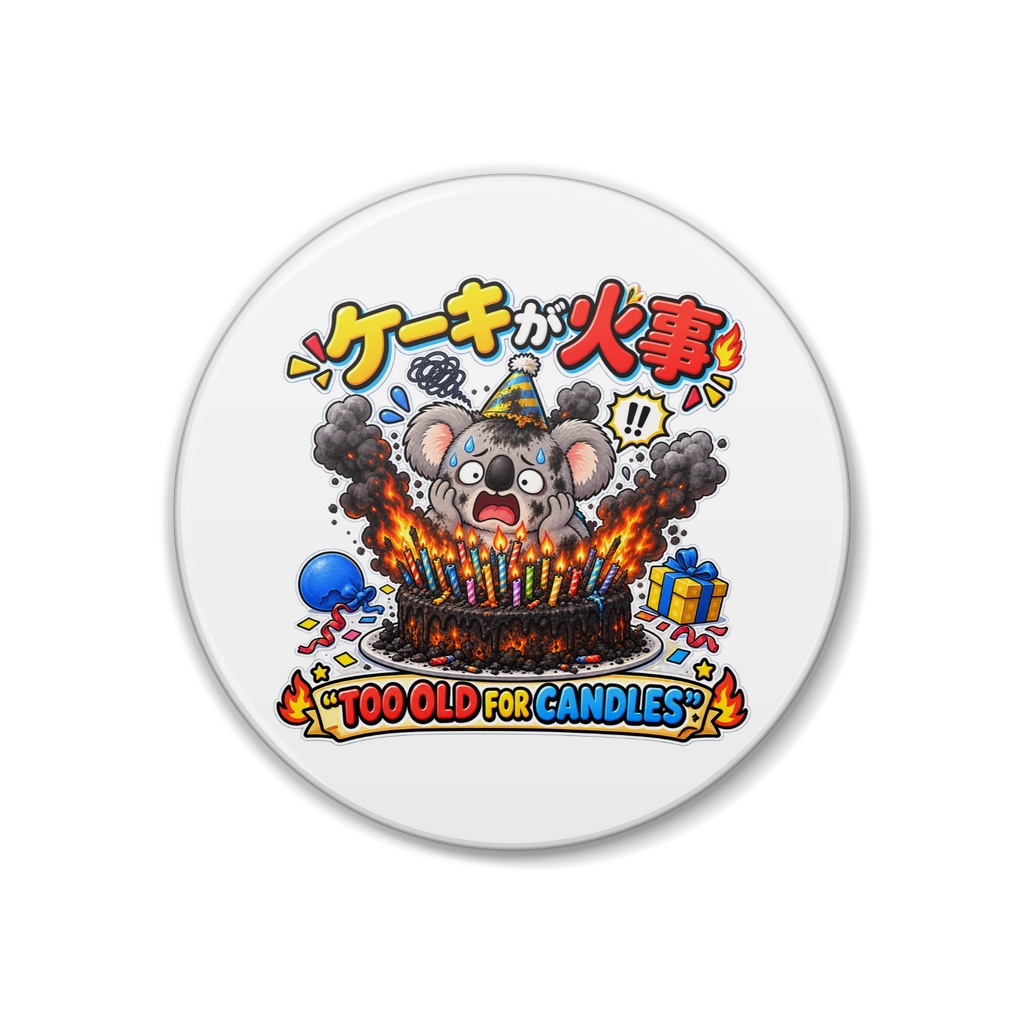 年齢の数だけローソクを立てたら、ケーキが火事で真っ黒になった（コアラ） / "TOO OLD FOR CANDLES"Badge