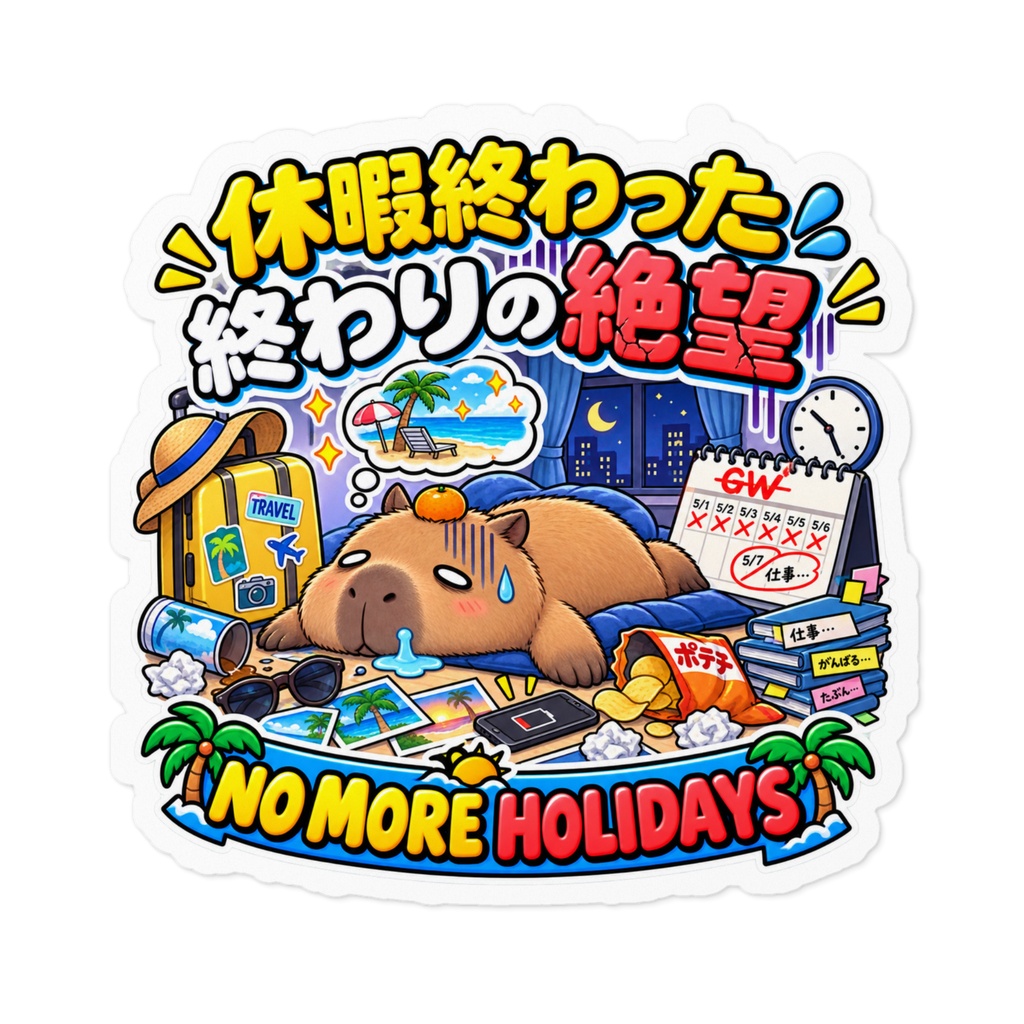 楽しかった連休が終わり、明日から仕事という現実を直視できない（カピバラ） / "NO MORE HOLIDAYS" Capybara Sticker