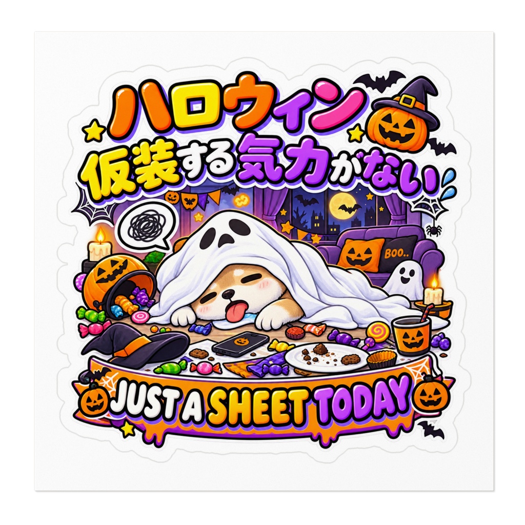 気合を入れて仮装するつもりが、シーツをかぶって寝ただけ(オバケ?) / "JUST A SHEET TODAY" Ghost Sticker