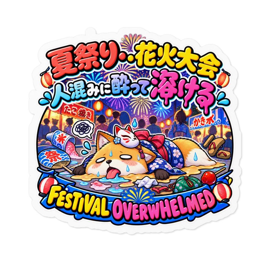 夏祭りの屋台の熱気と人混みに完敗し、浴衣のまま道端で溶ける（キツネ） / "FESTIVAL OVERWHELMED" Fox Sticker